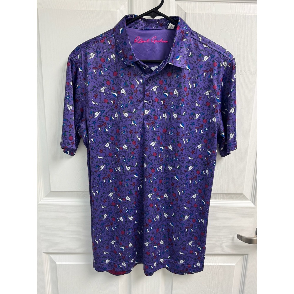 Robert Graham Polo Shirt Mens Size Medium Classic Fit Purple Beach Pattern NWT